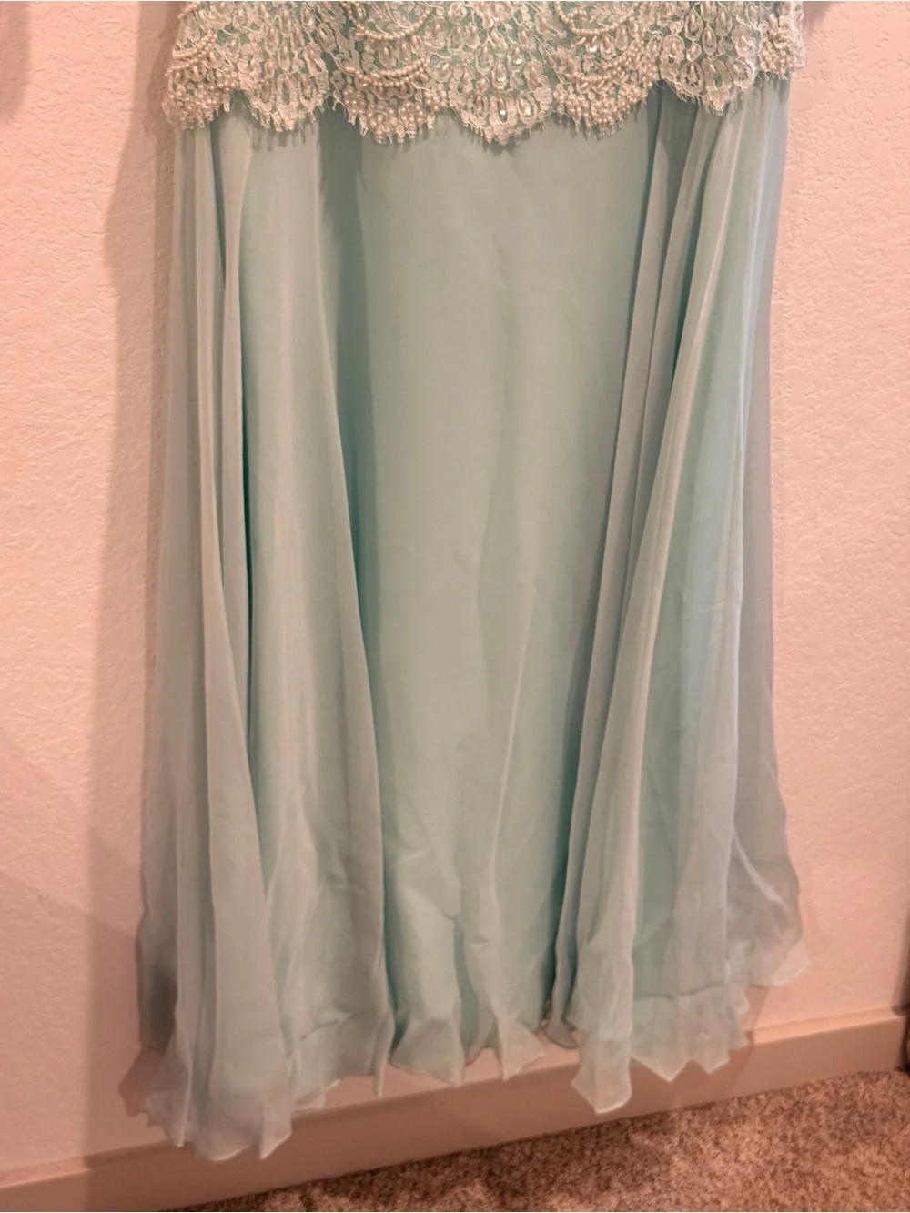 Vintage Mint Lace Appliqué Evening Gown - Picture 5 of 7